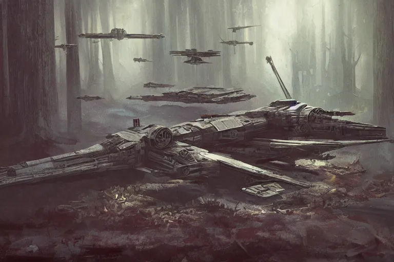 Image similar to concept art, mood painting, environment painting, crashed x - wing swampy bog dim low exposure style of ryan church, jon mccoy, george hull, painting star wars