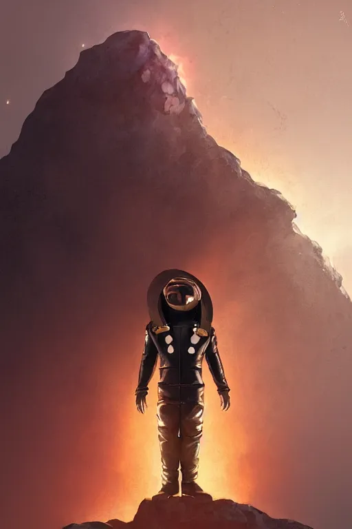 Image similar to portrait of a black man as baron harkonnen wearing leather spacesuit, standing on rocky outcrop, detailed, nebula space background, illustration by normal rockwell, artstation character art, adebanji alade, concept art, greg rutkowski