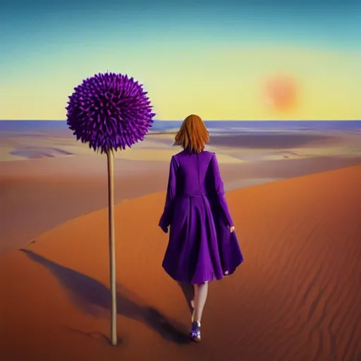 Image similar to portrait, giant purple dahlia flower head, girl walking between dunes, surreal photography, sunrise, blue sky, dramatic light, impressionist painting, digital painting, artstation, simon stalenhag