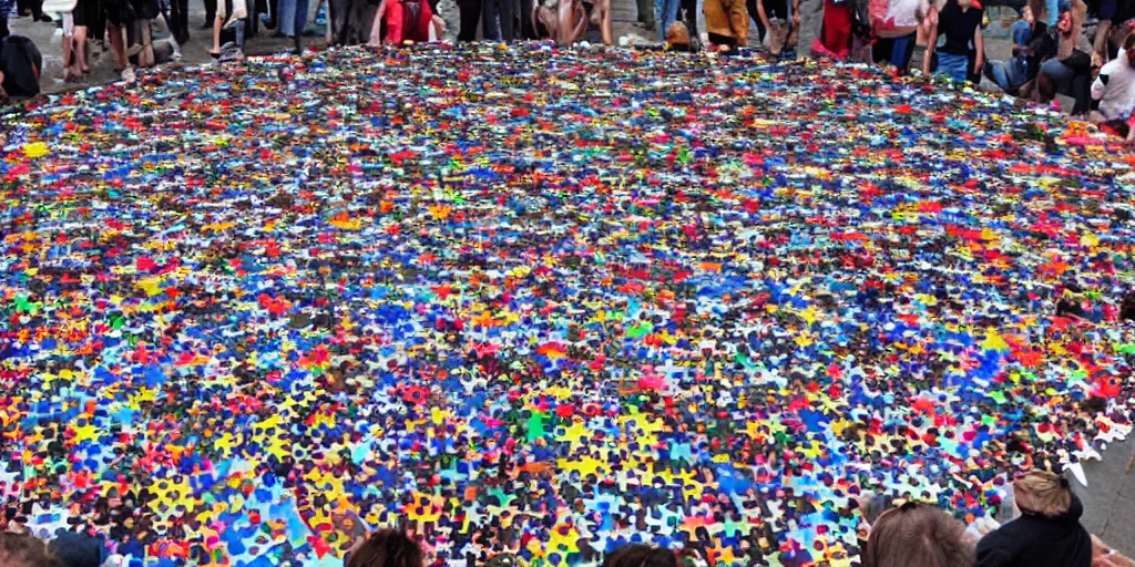 Prompt: a giant jigsaw puzzle being put together by a crowd of tiny people
