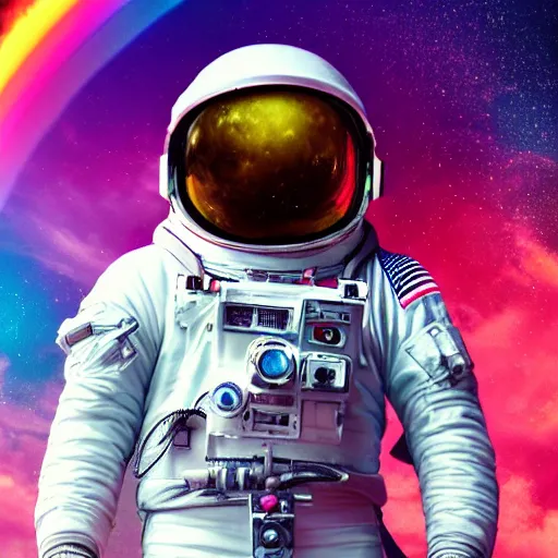 Image similar to rainbow vapor wave astronaut movie still, cinematic, photorealistic, extreme detail, sharp focus, 8 k, intricate, hyper detailed, realistic, cinematic lighting