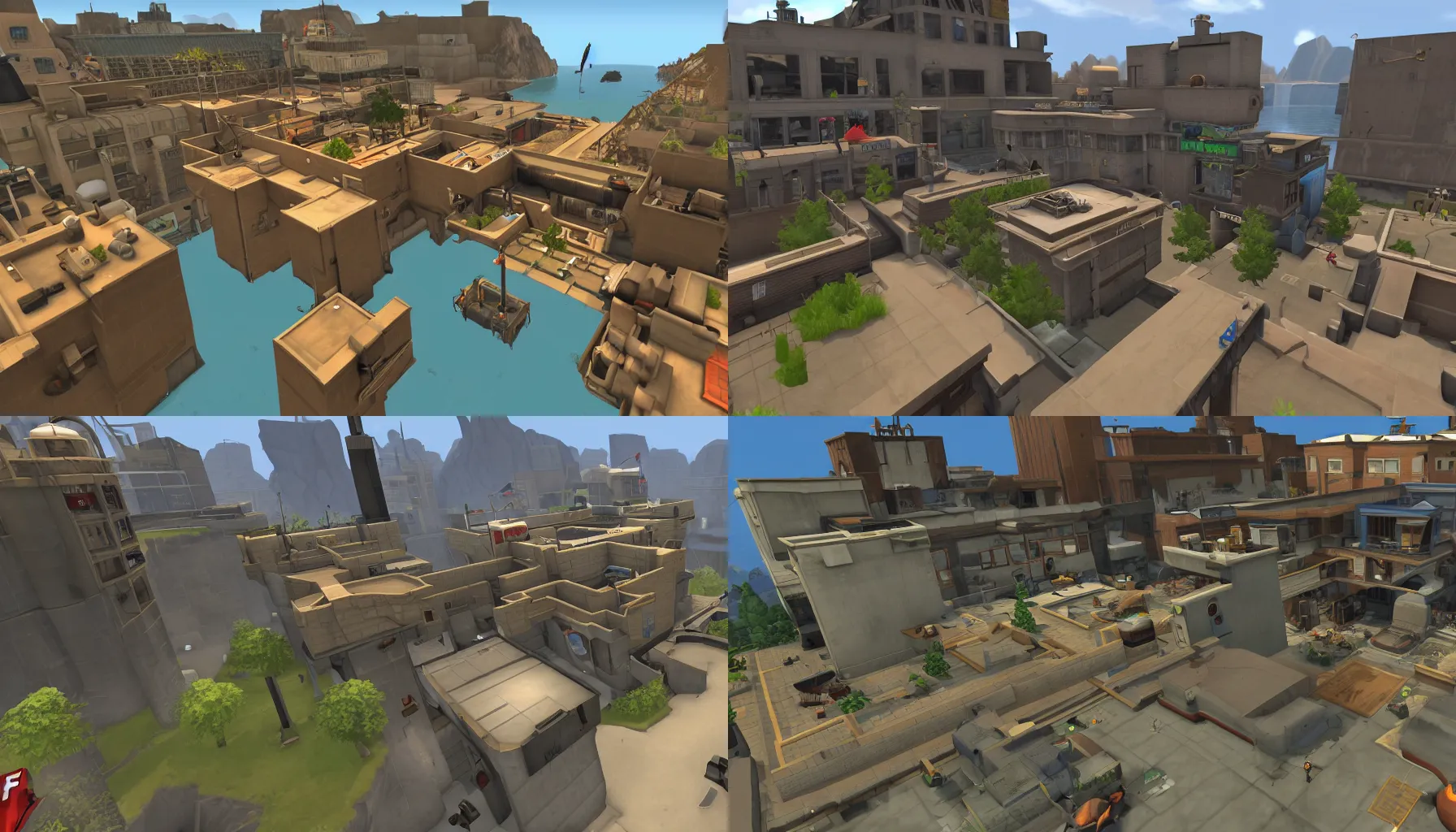 Prompt: A screenshot of Team Fortress 2 in the map tc_hydro, tf2maps.net