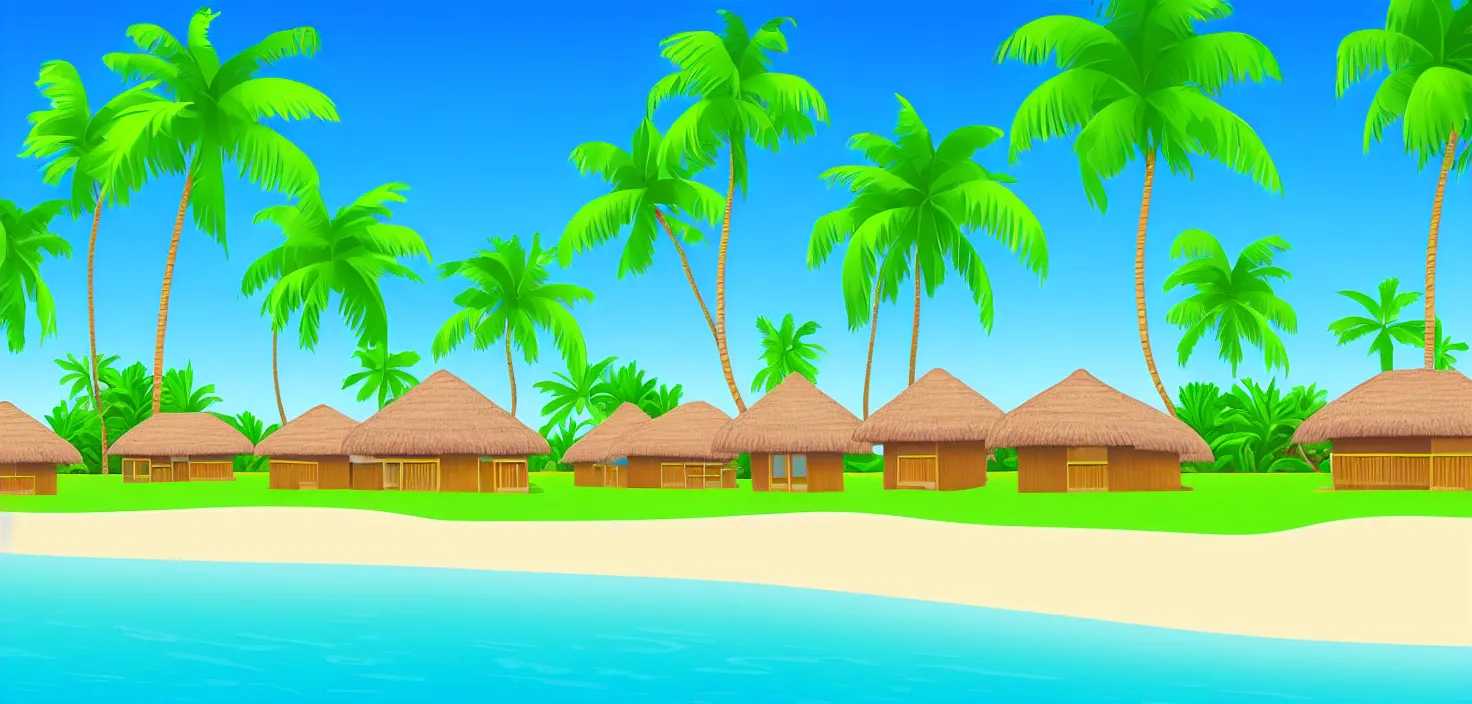 Image similar to modern bungalows on island resort beach, tropical summer landscape with houses on piles with terrace, palm trees, vector art, flat art