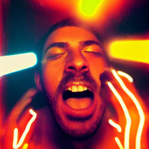 Prompt: portrait of man having an orgasm eyes close, colorized neon lights, explosion of light, hyperealistic detailed photography polaroid, 5 0 mm lens, motion blur, grainy image