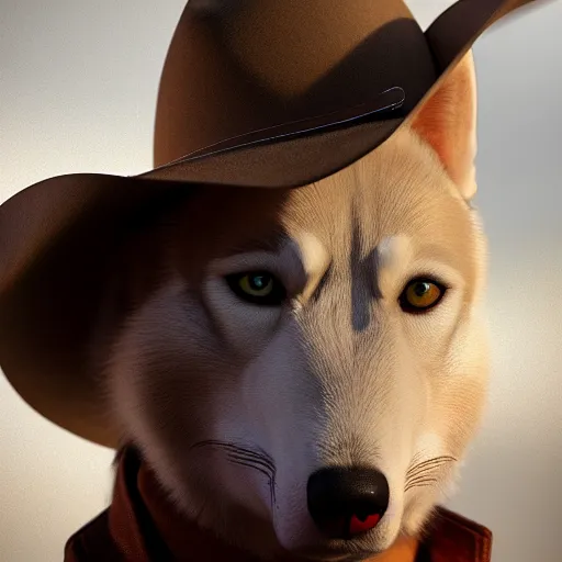 Prompt: a photo of 8k ultra realistic a husky in a brown trench coat and cowboy hat, face enhance, cinematic lighting, trending on artstation, 4k, hyperrealistic, focused, extreme details, cinematic, masterpiece