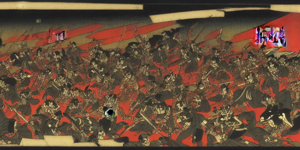 Prompt: an army of undead, at dusk, by Utagawa Kuniyoshi, dramatic lighting, high contrast colors, panoramic view, as trending on Artstation,