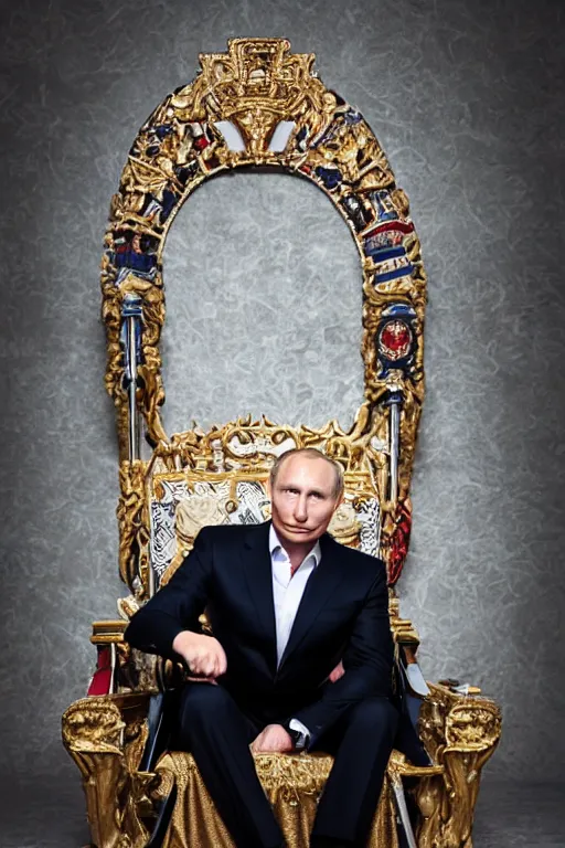 Image similar to A photo of vladimir putin the barbarian sitting on his throne, award winning photography, sigma 85mm Lens F/1.4, perfect faces