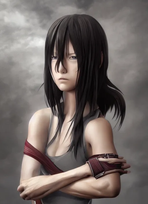 Prompt: Mikasa Ackerman hyper realistic 3D art style by Ian Spriggs