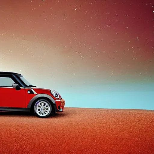 Prompt: mini cooper s, australian beach, red sand, otherworldly science fiction surrealism landscapes. waves. dust. stars. by dr seuss.