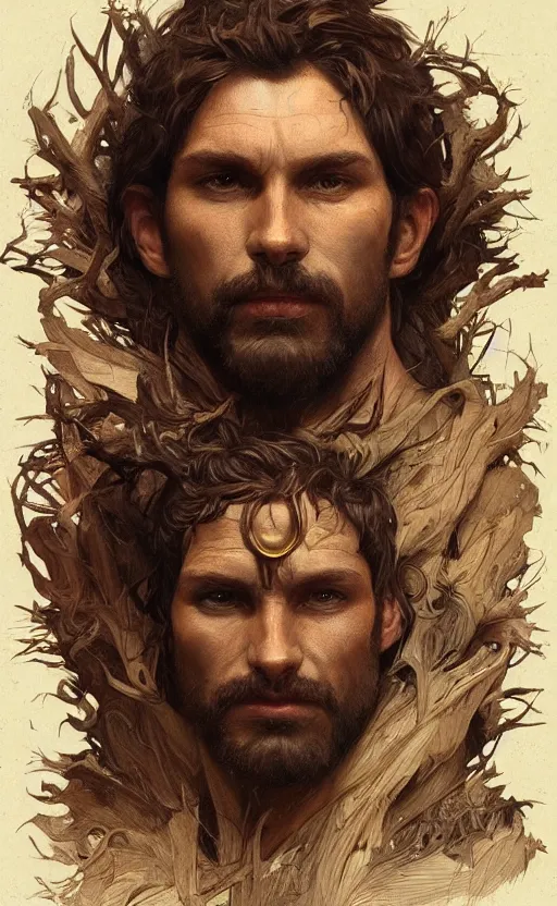 Prompt: portrait of the god of the forest, 30 years old, rugged, male, gorgeous, detailed face, amazing, thighs!!!!!!, muscular, intricate, highly detailed, digital painting, artstation, concept art, sharp focus, illustration, art by greg rutkowski and alphonse mucha