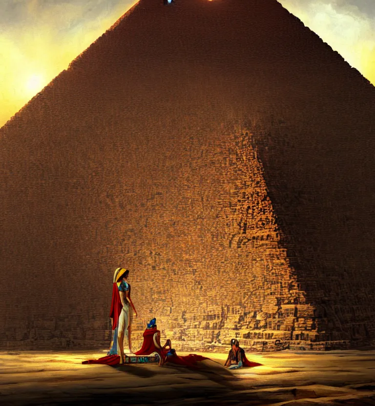 Image similar to a concept painting showing a giant cleopatra on the side of the great pyramid of giza. good quality, good light, anatomically correct, digital art, artstation 8 k