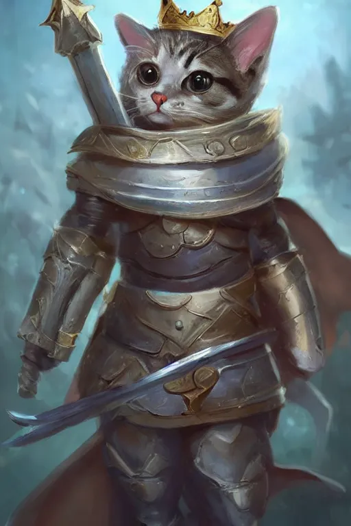 Image similar to cute little anthropomorphic cat knight wearing a cape and a crown, tiny, small, miniature cat , baby animal, short, pale blue armor, cute and adorable, pretty, beautiful, DnD character art portrait, matte fantasy painting, DeviantArt Artstation, by Jason Felix by Steve Argyle by Tyler Jacobson by Peter Mohrbacher, cinematic lighting