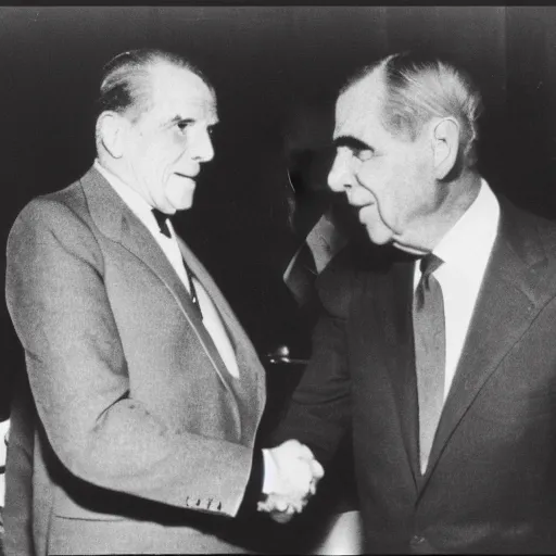 Image similar to Reptilian creature shaking hands with Nixon, photo pic set in 1920s