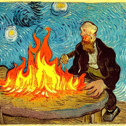 Prompt: painting of a man in hell making smores, bag of marshmallows, fire everywhere, by van gogh.