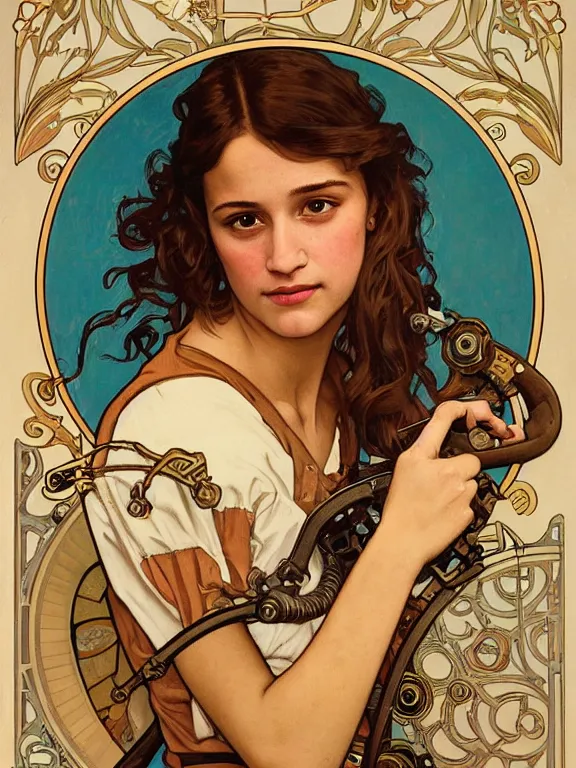 Image similar to an art nouveau style head and shoulders portrait oil painting of a pretty young alicia vikander as a mechanic in a dirty coveralls holding a wrench, in front of a round, complex rotary airplane engine, intricate, detailed, smooth, complex, elaborate, by alphonse mucha and james gurney and john william waterhouse