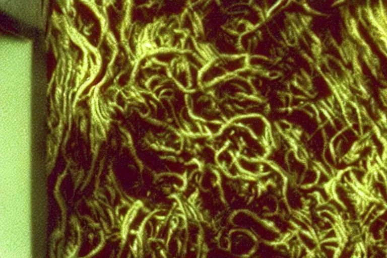 Image similar to scary filmic closeup color ground level angle movie still 35mm film color photograph of a shape shifting abstract alien organism from The Thing 1982 spewing swirling slimey tendrils inside of a child's bedroom, in the style of a horror film