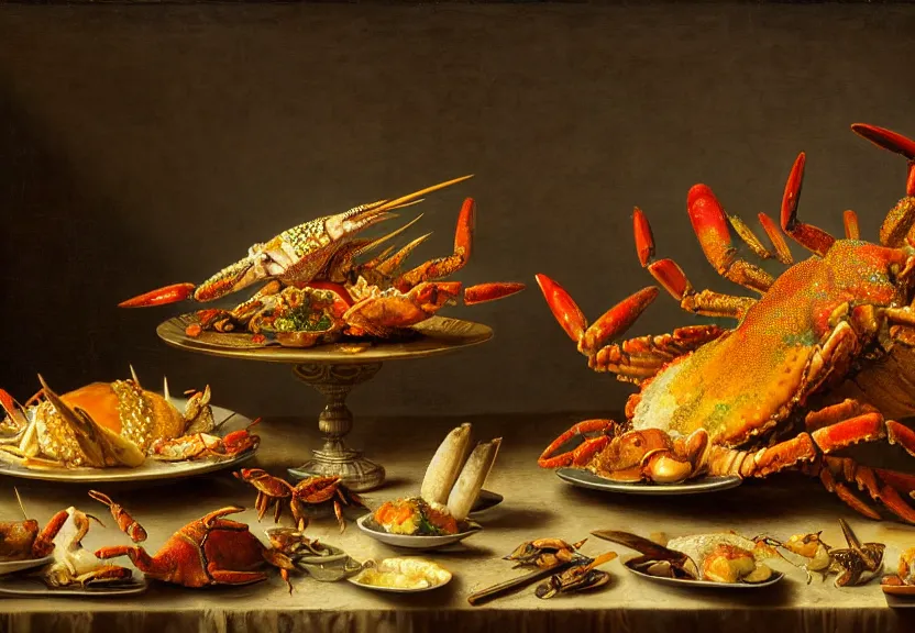 Prompt: an opulent banquet of food covered with fat colorful lumpy crabs, there are hummingbirds flying around, reclaimed lumber, detailed and intricate environment, hyperrealism, food photography, rembrandt