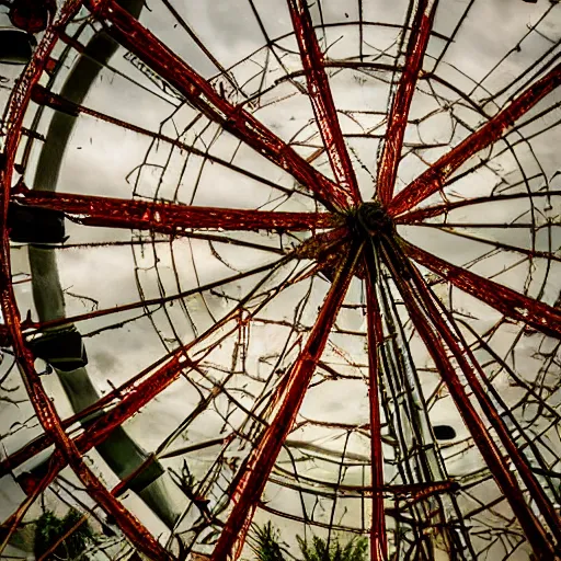 Image similar to an old abandoned rusty ferris wheel, in a town filled with pale yellow mist. Dystopian. Award-winning colored photo. OM system 12–40mm PRO II 40mm, 1/100 sec, f/2 8, ISO 800