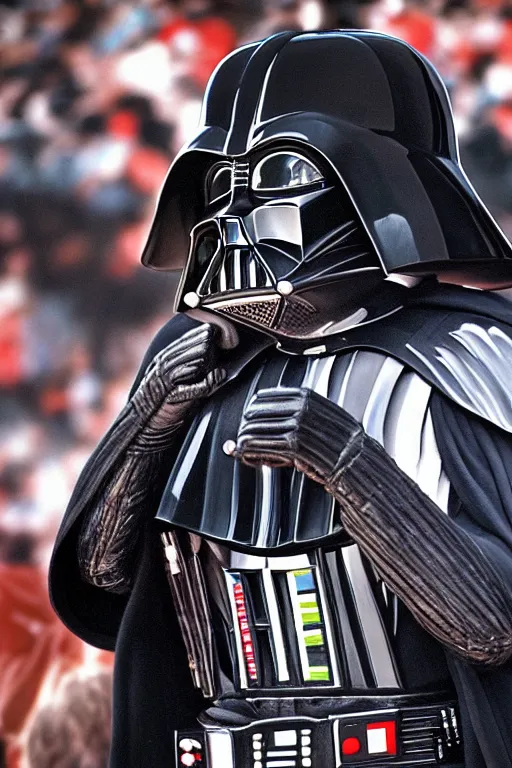 Image similar to Darth Vader happily cheering in the stands at a football game oil on canvas, intricate, portrait, 8k highly professionally detailed, HDR, CGsociety