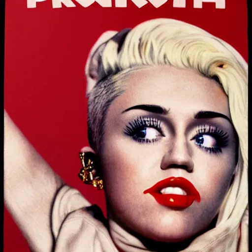 Image similar to propaganda poster, miley cyrus, close up, portrait, shouting