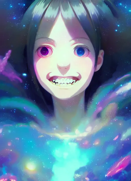 Image similar to portrait of a very cute girl with big eyes big smile, very psychedelic space background illustration concept art anime key visual trending pixiv fanbox by wlop and greg rutkowski and makoto shinkai and studio ghibli and kyoto animation