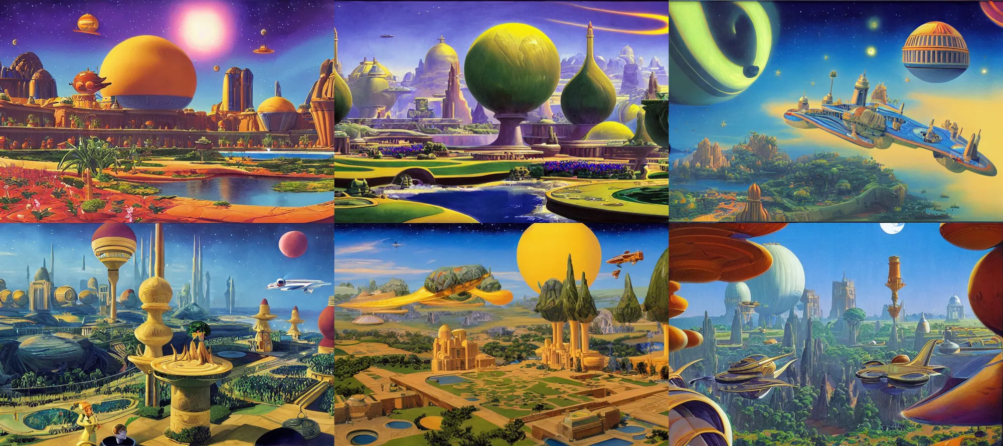 Prompt: theed naboo in the style of dr. seuss, starships, painting by brothers hildebrandt