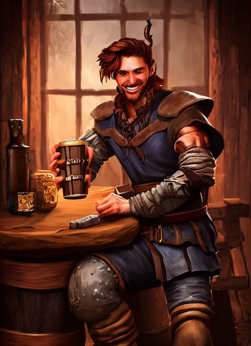 Image similar to An epic fantasy comic book style portrait painting of a handsome young man with brown wavey hair, wearing thief clothing in a tavern and smiling with a wooden tankard in hand, unreal 5, DAZ, hyperrealistic, octane render, cosplay, RPG portrait, dynamic lighting