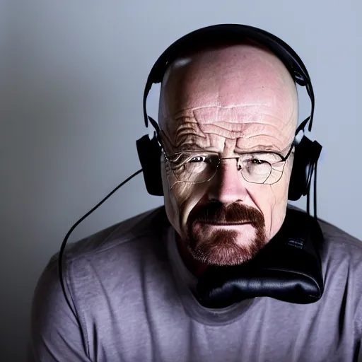 Image similar to professional head shot of walter white wearing a gaming headset and sitting in a gaming chair in a bedroom, 8 k, dslr, very detailed, very intricate,