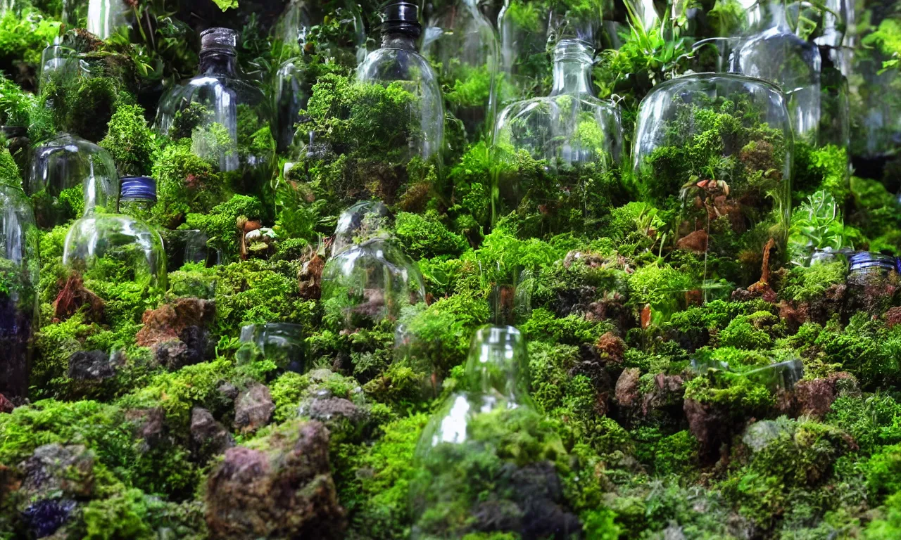 Image similar to terrarium worlds made of lush rainforests in mccartney bottles 8 k /