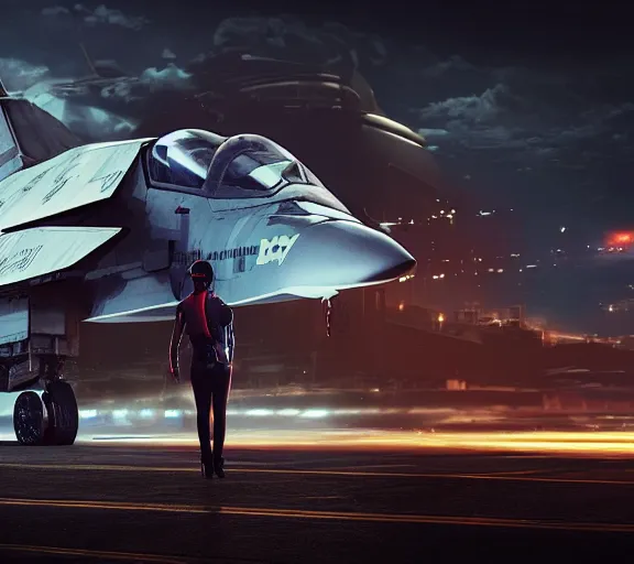 Image similar to fighter pilot stands beside futuristic sci fi fighter jet landed at runway of cyberpunk city, night photo ,dark cinematic lighting , digital concept art