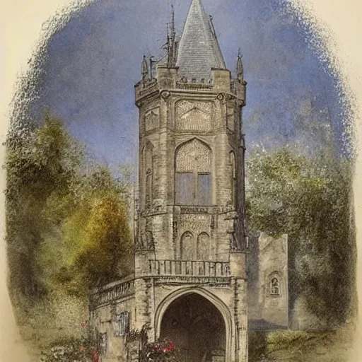 Image similar to (((((((Gothic revival castle gatehouse))))))) . muted colors. by Jean-Baptiste Monge !!!!!!!!!!!!!!!!!!!!!!!!!!!!!!!!!!!!!!!! ((((((((((((((((((watercolor sketch))))))))))))))))))