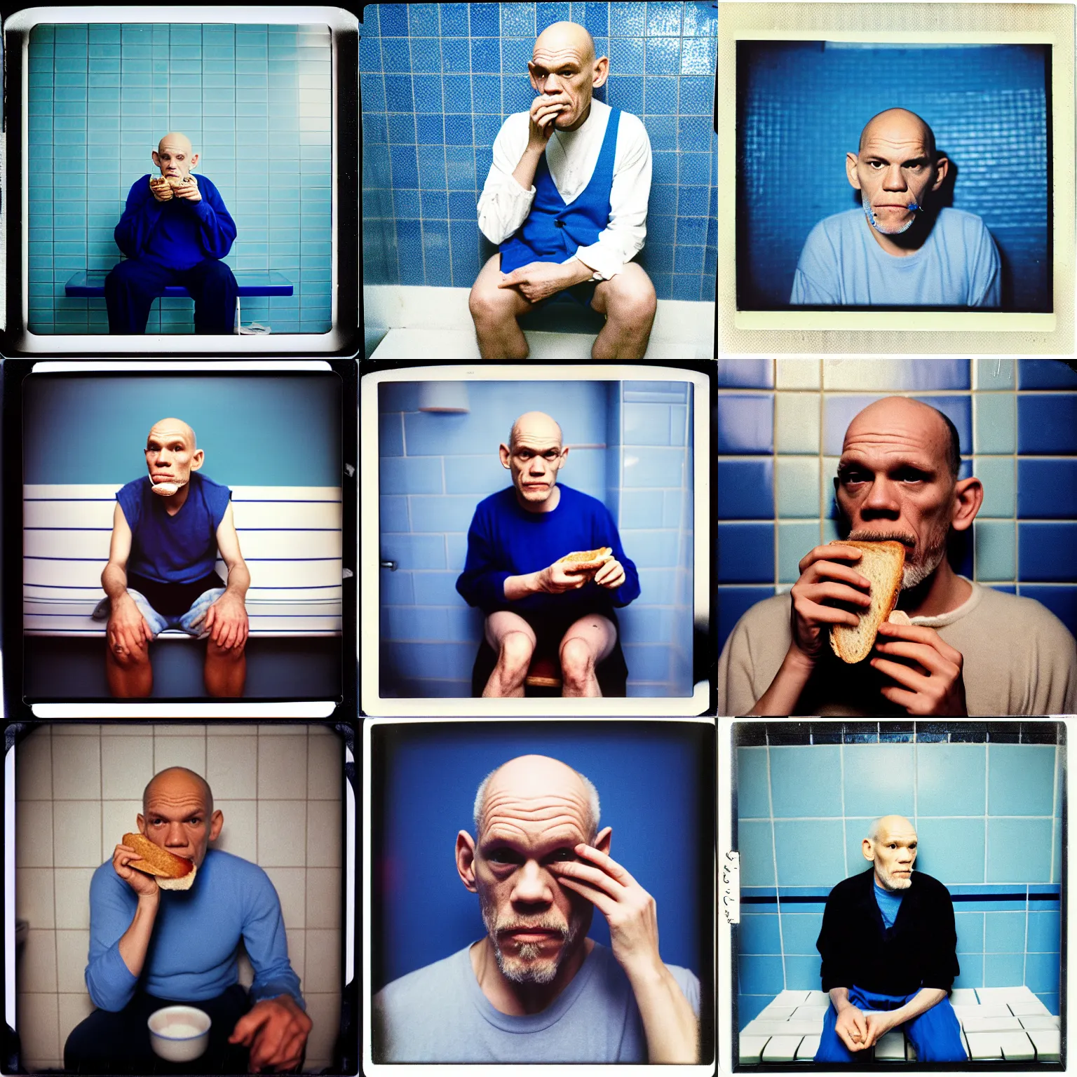 Prompt: john malkovich sitting on a bench in a blue tiled bathroom, looking despondent, eating a sandwich. tungsten lighting. expired film, polaroid. award winning lighting