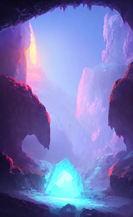 Image similar to a ambient glowing crystal in the distance of a giant cave, crystals, dynamic lighting, ambient lighting, atmospherical, photorealistic fantasy concept art, trending on art station, stunning visuals, creative, cinematic, ultra detailed