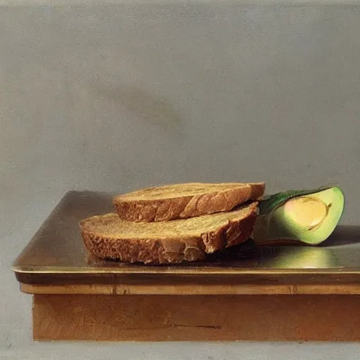 Image similar to still life by willem claesz heda, avocado toast, money