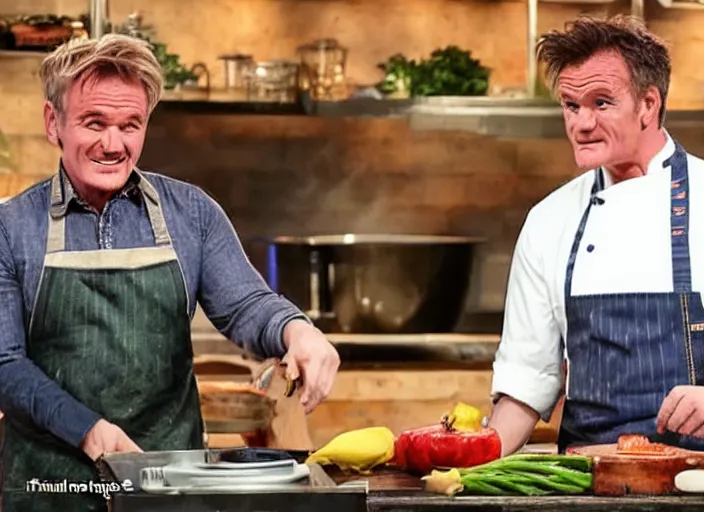 Prompt: Joseph joestar on a cooking show with gordon ramsey