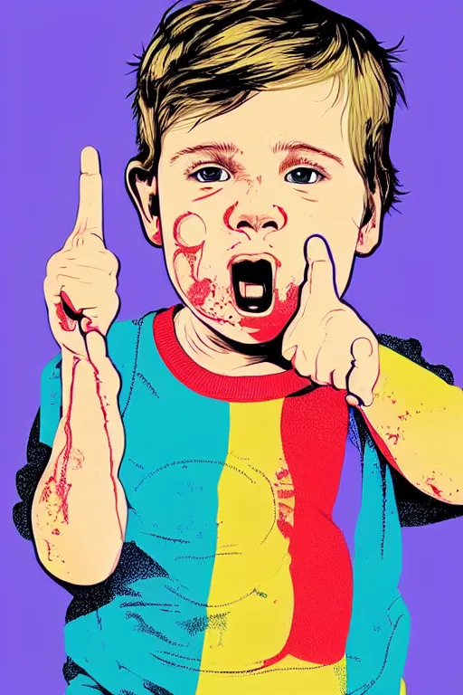 Image similar to a beautifully detailed coloured illustration of the baby boy swearing by sticking two fingers up by andrew salgado and rogier willems