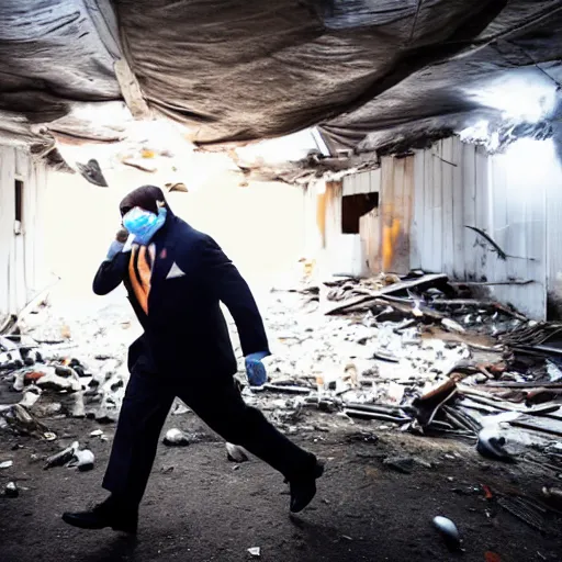 Prompt: photo of a man in a suit wearing a latex mask of a emperor penguin, at a favela, walking away from explosion, dramatic lighting