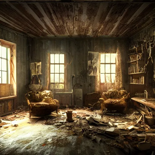 Prompt: inside a living room of an old abandon house, fantasy art, highly detailed, 8 k, artstation, completely dark