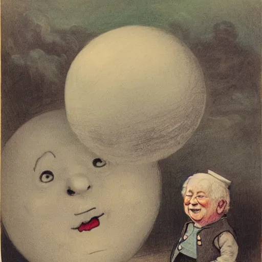 Image similar to candid portrait of white ball with a human face smiling wide, surrounded by clouds, illustrated by peggy fortnum and beatrix potter and sir john tenniel