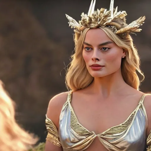 Prompt: margot robbie as a beautiful Greek goddess in the sky, cinematic, realistic face, highly detailed