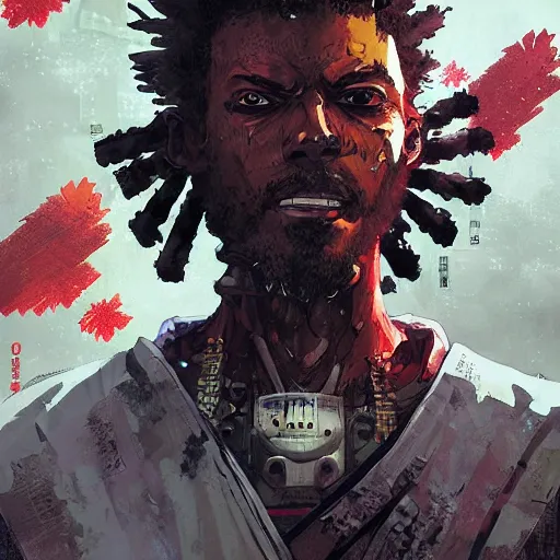 Image similar to afro samurai with menacing robotic eyes, Apex Legends character, digital illustration portrait design, by android jones and greg rutkowski in a cyberpunk style, retrowave color scheme, detailed, cinematic lighting, wide angle action dynamic portrait