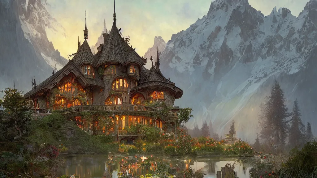 Prompt: a beautiful painting of art nouveau swiss chalet elven rivendell at sunrise in the distant mountains, intricate, elegant, highly detailed, digital painting, artstation, concept art, by krenz cushart and artem demura and alphonse mucha