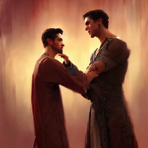 Prompt: attractive fully clothed king confesses his love for his attractive fully clothed male prince. highly detailed painting by craig mullins, tom bagshaw,