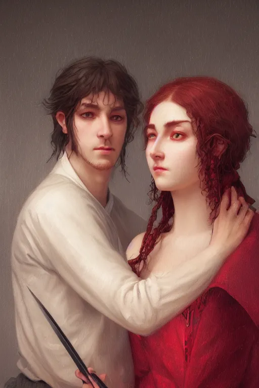 Image similar to a portrait of Satan and his wife, white eyes, bored, illustration, soft lighting, soft details, painting oil on canvas by Edmund Blair Leighton and Charlie Bowater octane render, HDR, trending on artstation, 4k, 8k, HD