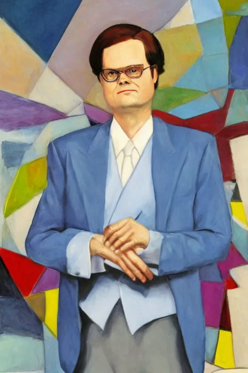 Prompt: dwight schrute wearing a pale blue tuxedo doing ballet at the republican national convention, cubism, bob ross, hyperrealism