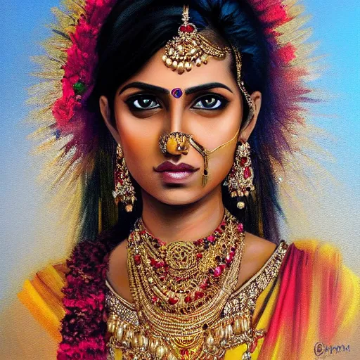 Prompt: Indian Bride, oil painting, portrait, intricate complexity, rule of thirds, face by Artgerm, character concept, dramatic lighting, complementary colors