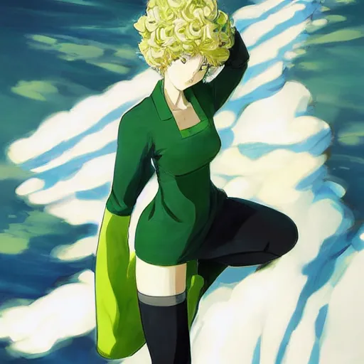 Image similar to tatsumaki from one punch man, painting, cool color palette, refreshing, soft lighting, by cushart krenz, by makoto shinkai