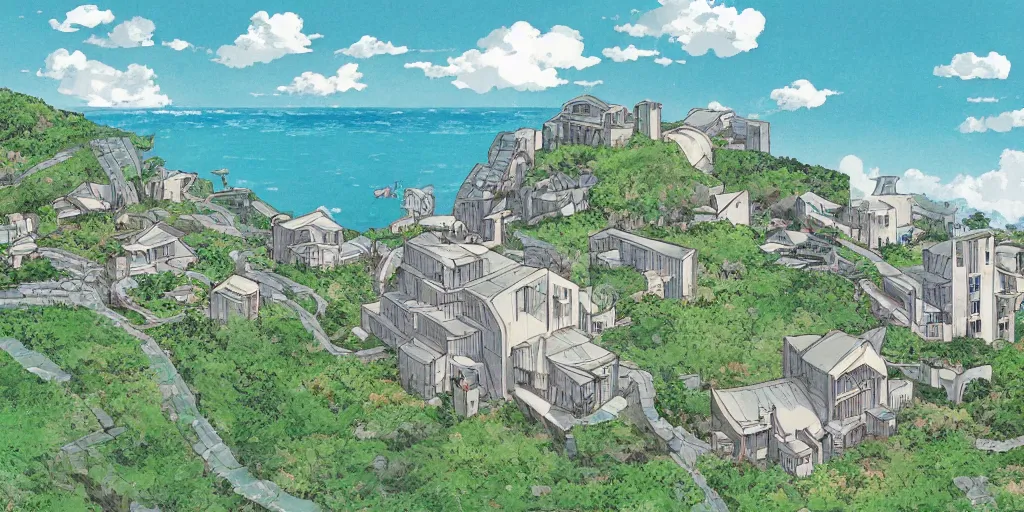 Prompt: A college with buildings designed like Sea Ranch built on a low cliff above the ocean, art by Hayao Miyazaki, art by Studio Ghibli, anime style