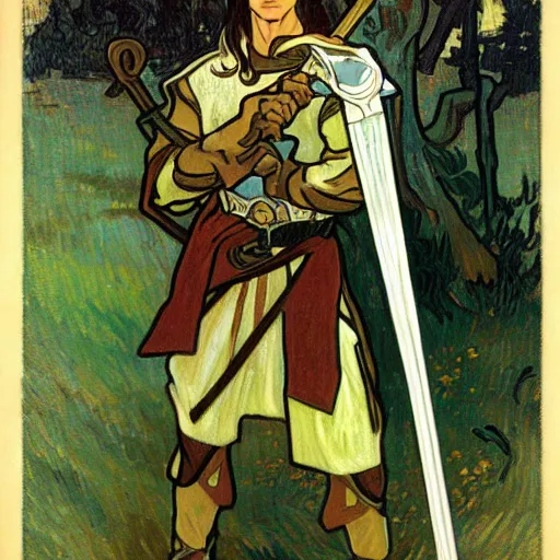 Prompt: painting of young handsome beautiful paladin elf!! man with long! dark hair, elf paladin fighting goblins with his sword, armor, modest, art by alphonse mucha, vincent van gogh, egon schiele,