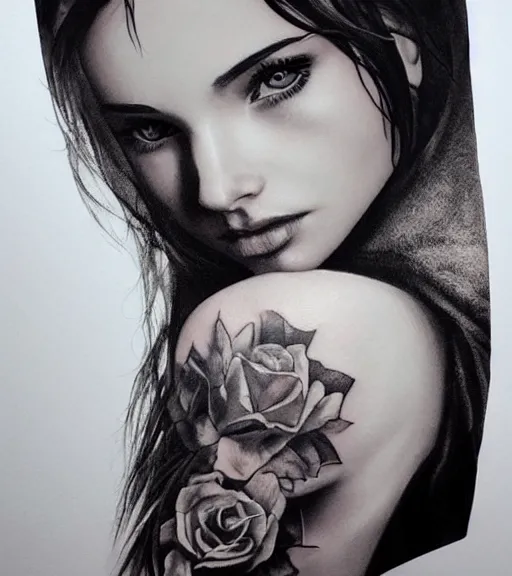 Image similar to a beautiful girl portrait, faded mountain background, realism tattoo, in the style of den yakovlev, black and white, hyper realistic, highly detailed